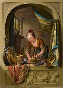 A young woman cleaning pans at a draped stone arch. unknow artist